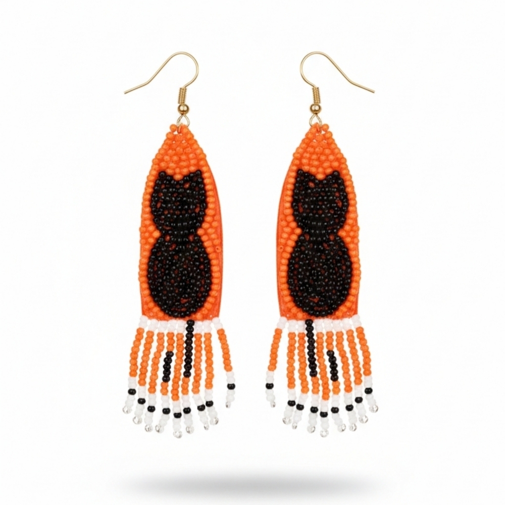 🆕️ HandBeaded Cat Earrings in Orange and Black